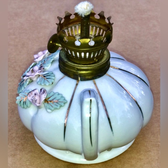 Mid Century Antique Pink Rose Gold Trim Porcelain Finger Loop Oil Lamp JAPAN - Picture 10 of 10